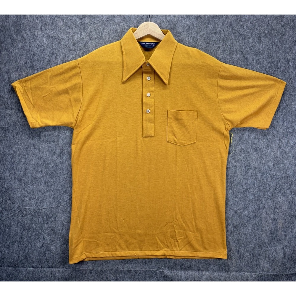 Van Heusen 1970s Button Polo Shirt Men's Large Mustard Yellow Disco‎ USA Dagger